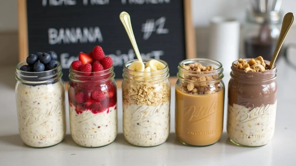 A delicious bowl of overnight oats protein recipe topped with fresh berries, nuts, and chia seeds, served in a glass jar on a wooden table.