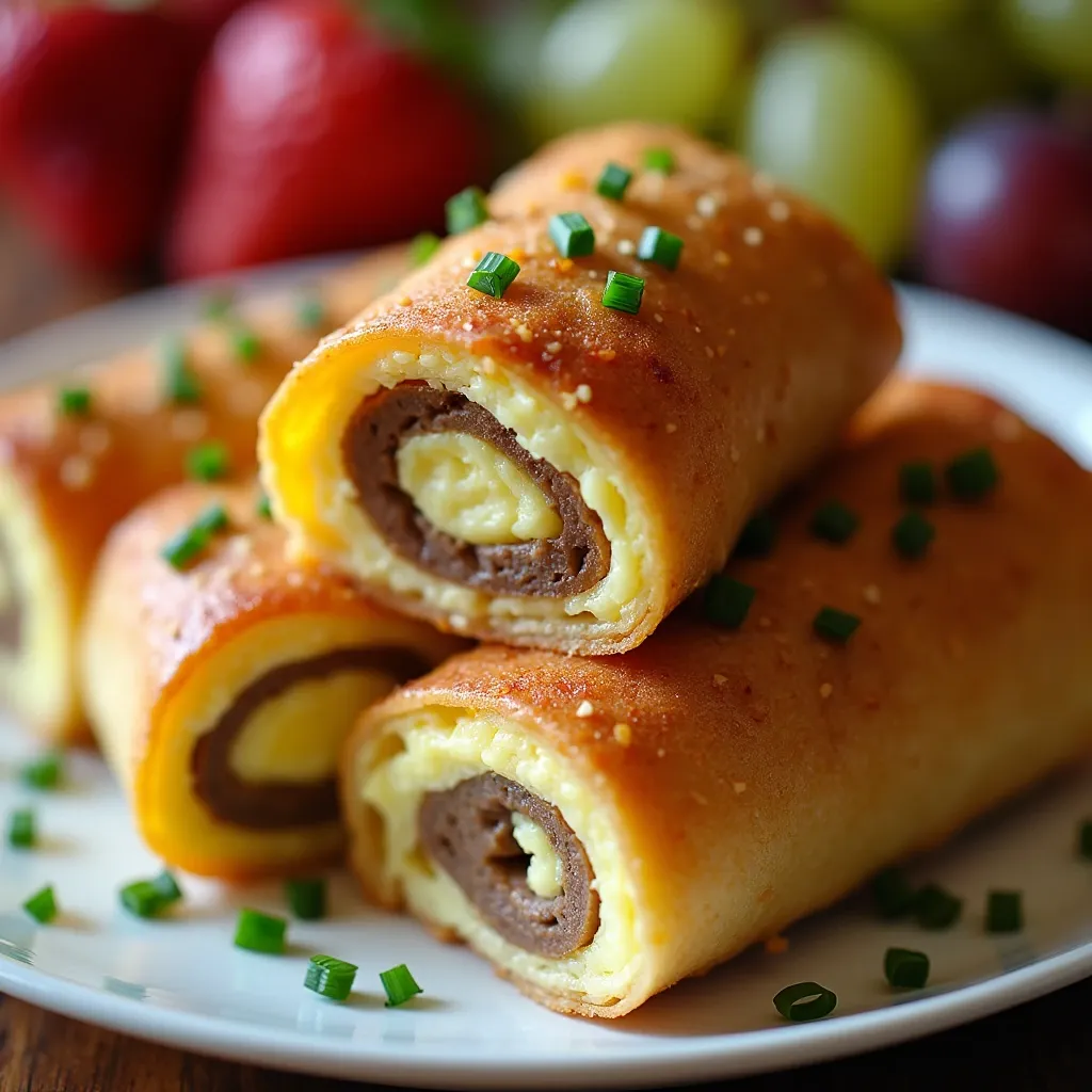 Golden sausage egg cheese breakfast roll-ups on a white plate with fresh chives and fruit.