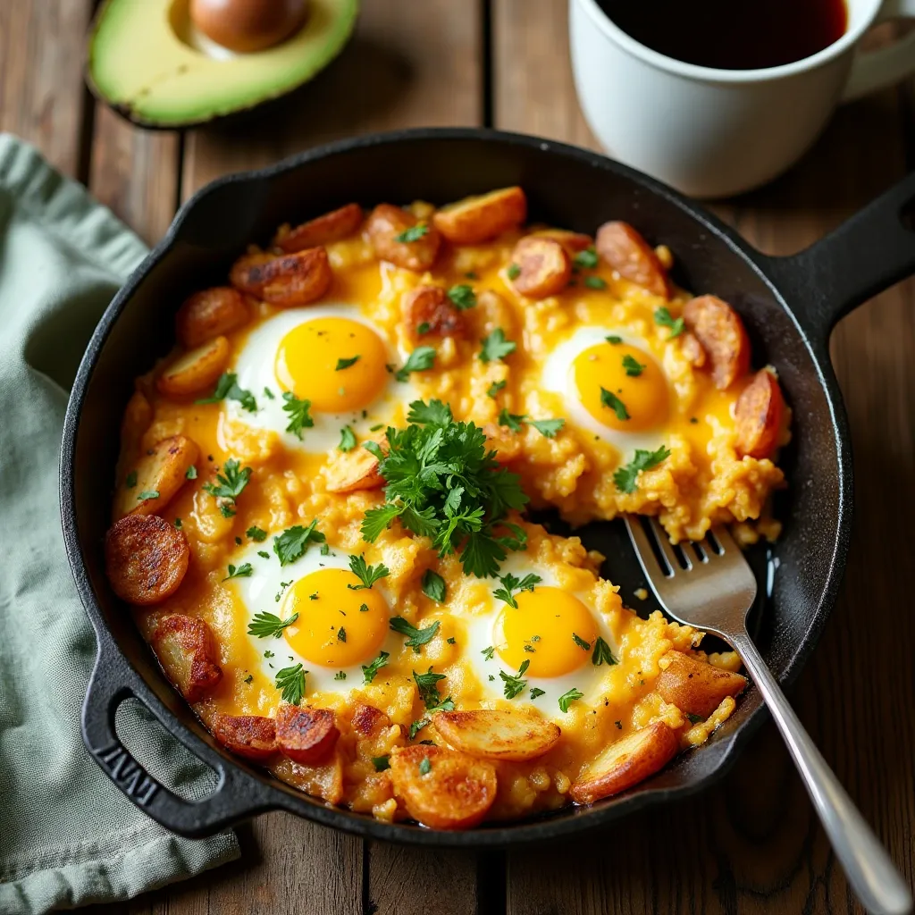 "Cheesy potato egg scramble in a skillet with avocado and parsley